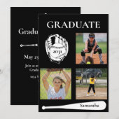 Softball 3 Photo Black Graduation Flat Card (Voorkant / Achterkant)