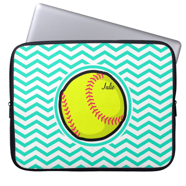 Softball; Aqua Green Chevron Laptop Sleeve (Voorkant)