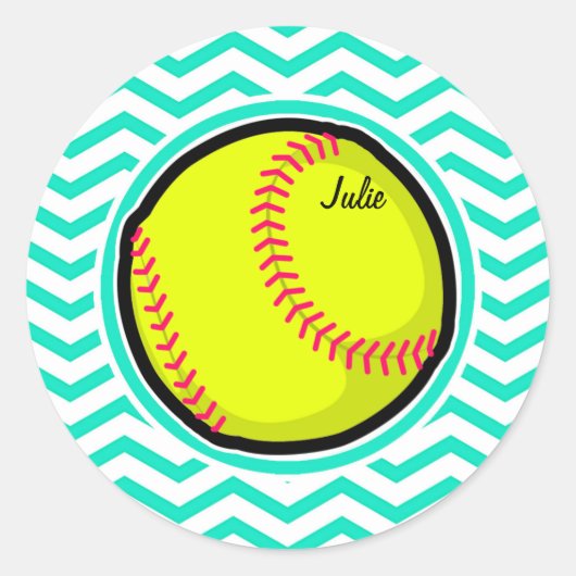 Softball; Aqua Green Chevron Ronde Sticker (Voorkant)