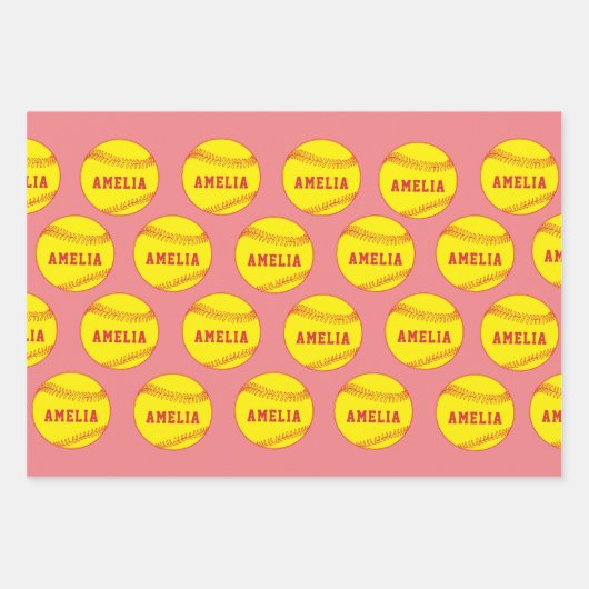 Softball Ball Speler Kinder Naam Verjaardag Inpakpapier Vel (Voorkant 3)