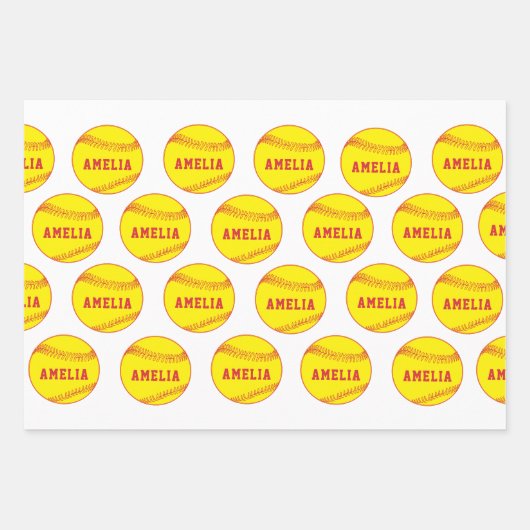 Softball Ball Speler Kinder Naam Verjaardag Inpakpapier Vel (Voorkant 2)