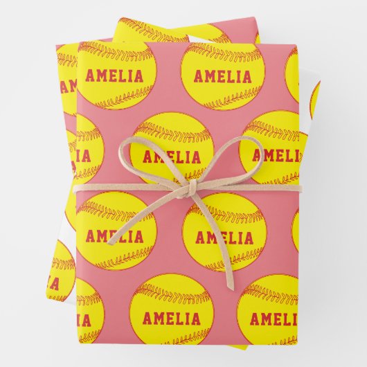Softball Ball Speler Kinder Naam Verjaardag Inpakpapier Vel (In situ)