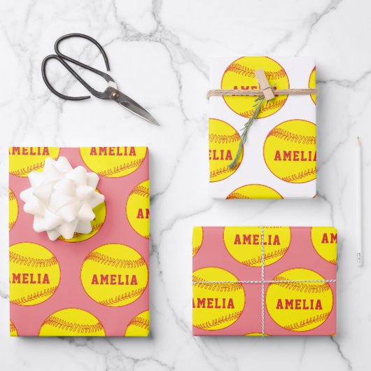 Softball Ball Speler Kinder Naam Verjaardag Inpakpapier Vel (Voorkant)