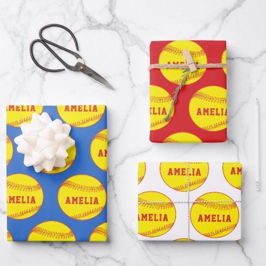 Softball Ball Speler Kinder Naam Verjaardag Inpakpapier Vel (Voorkant)