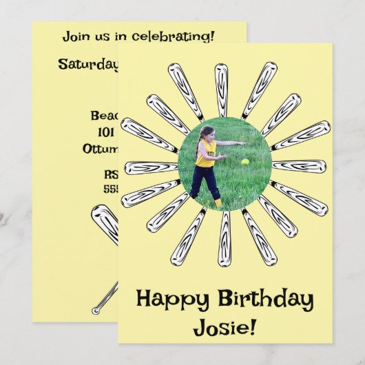 Softball Bat Flower Happy Birthday Invitation Kaart (Voorkant / Achterkant)