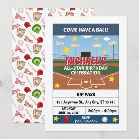 Softball Birthday Party Invitation Kaart (Voorkant / Achterkant)