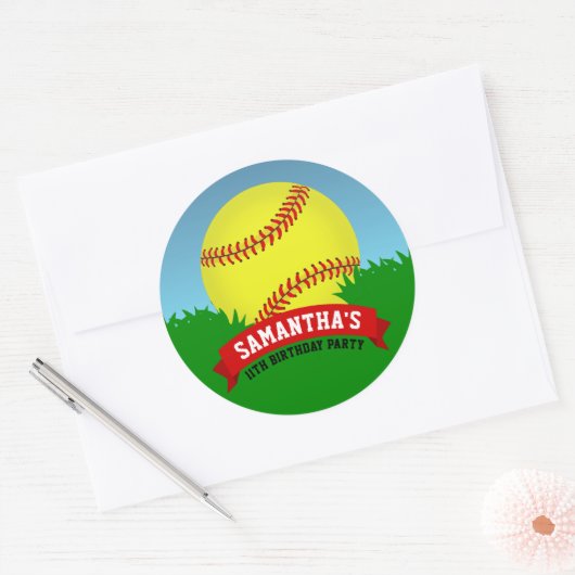 Softball Birthday Party Ronde Sticker (Envelop)
