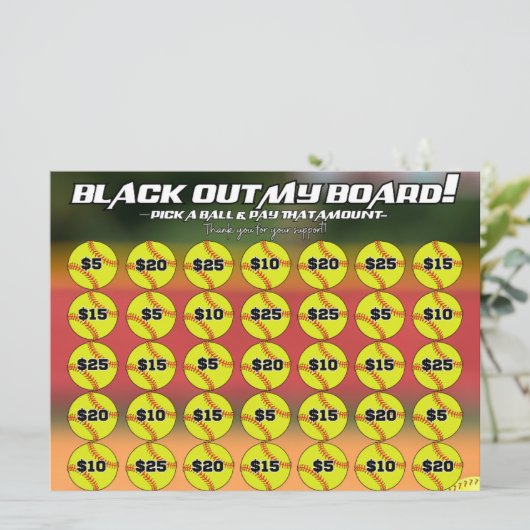 Softball Blackout Board Fundraiser Kies een Softba Kaart (Staand voorkant)