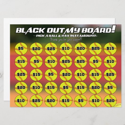 Softball Blackout Board Fundraiser Kies een Softba Kaart (Voorkant / Achterkant)