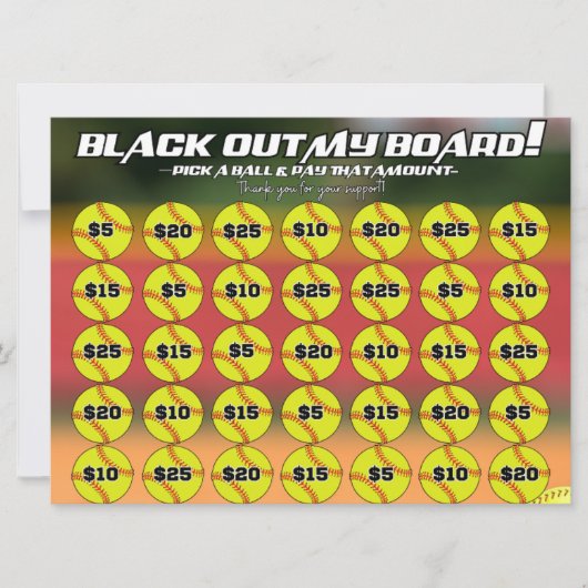 Softball Blackout Board Fundraiser Kies een Softba Kaart (Voorkant)