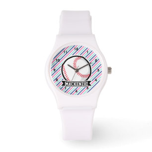 Softball; Blauw, Roze, & Witte Strepen, Sport Horloge