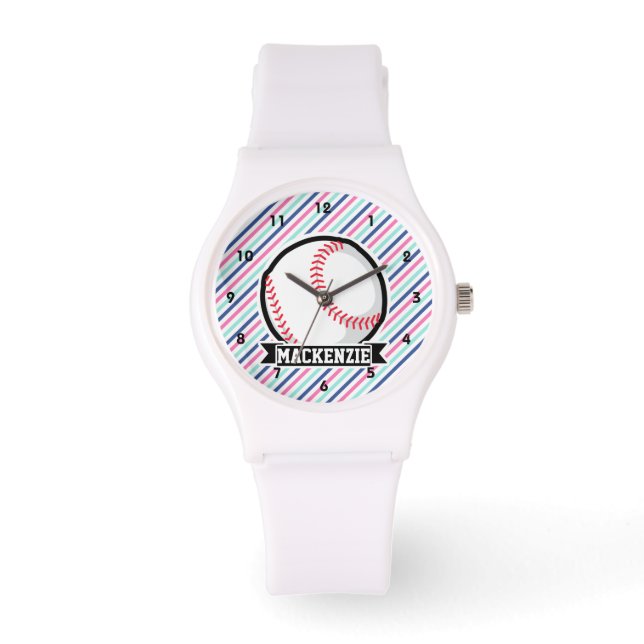Softball; Blauw, Roze, & Witte Strepen, Sport Horloge (Voorkant)