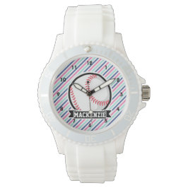 Softball; Blauw, Roze, & Witte Strepen, Sport Horloge