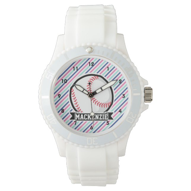 Softball; Blauw, Roze, & Witte Strepen, Sport Horloge (Voorkant)