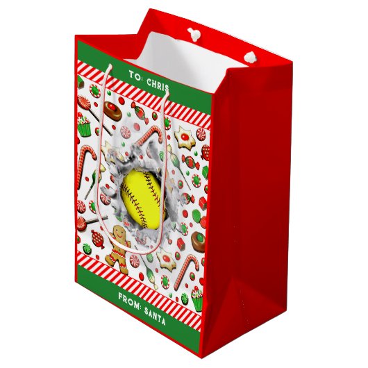 Softball Fastpitch Kerstvakantie Medium Cadeauzakje (Voorkant Gekanteld)