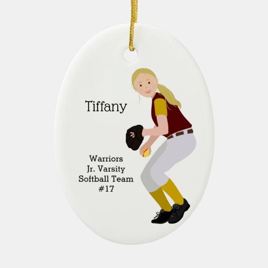 Softball Female Blonde Burgundy & Gold Keramisch Ornament (Voorkant)