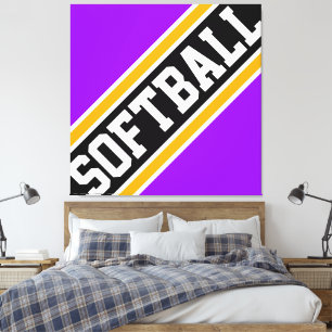SOFTBALL Fun Heldere Paarse Zwarte Racing Stripes Canvas Afdruk