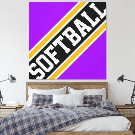 SOFTBALL Fun Heldere Paarse Zwarte Racing Stripes Canvas Afdruk (Insitu (Slaapkamer))