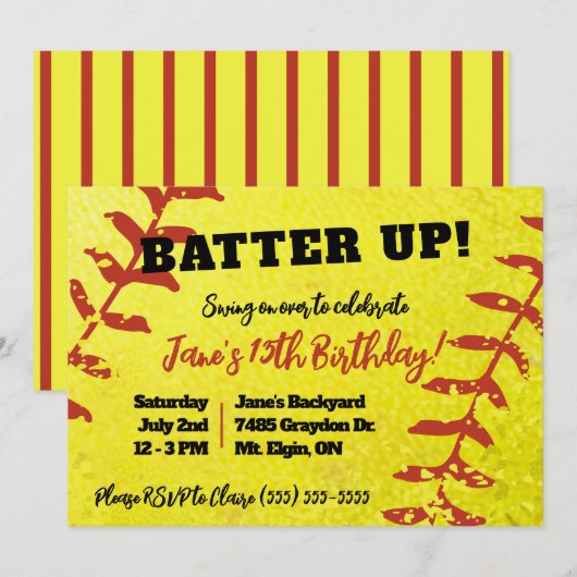 Softball, Geel en Rood Kinderen Verjaardagsfeest Kaart (Voorkant / Achterkant)