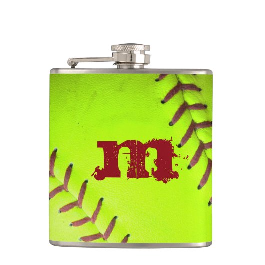 Softball Geel Fast Pitch Monogram Whiskey Flask Heupfles (Voorkant)