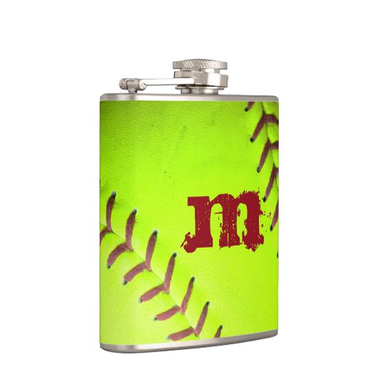 Softball Geel Fast Pitch Monogram Whiskey Flask Heupfles (Rechts)
