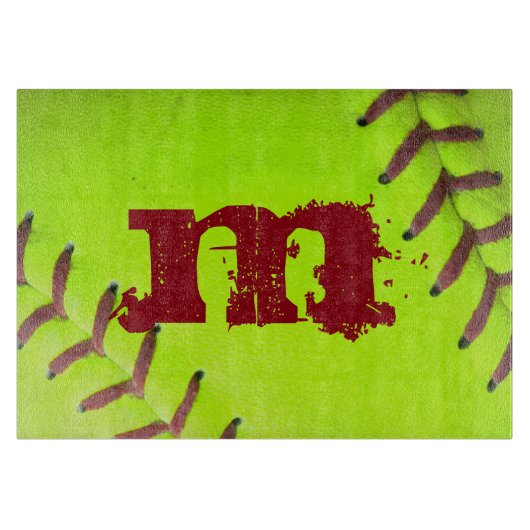 Softball Geel Snel Monogram Glas Snijplank (Voorkant)