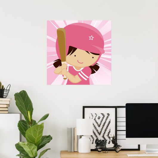 Softball Girl Batter in roze en wit Poster (Thuiskantoor)
