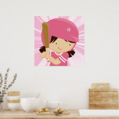 Softball Girl Batter in roze en wit Poster (Keuken)