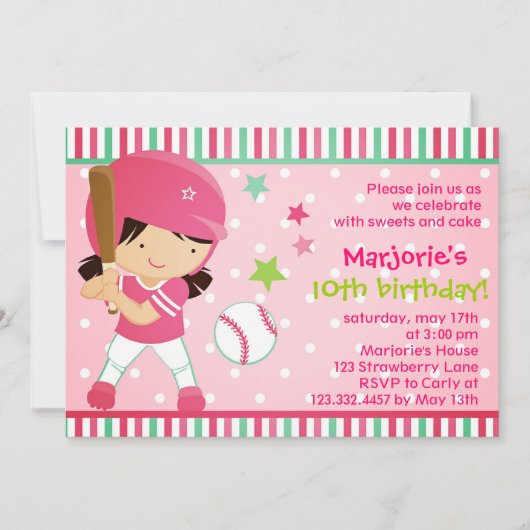 Softball Girl Pink Birthday Party Invitation Kaart (Voorkant)