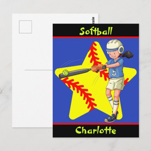 Softball Girls Star Batter Swing Persoonlijk Briefkaart (Voorkant / Achterkant)