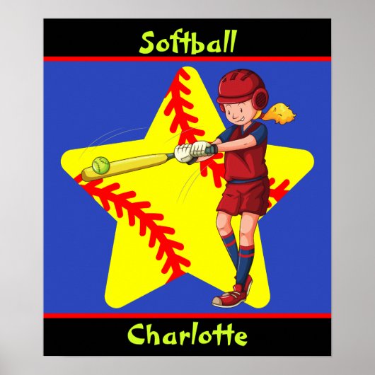 Softball Girls Star Batter Swing Persoonlijk Poster (Voorkant)