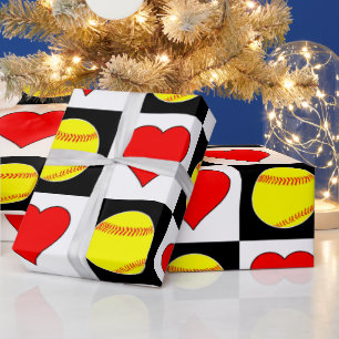 Softball & Hearts Cute Checker Pattern Fastpitch Cadeaupapier