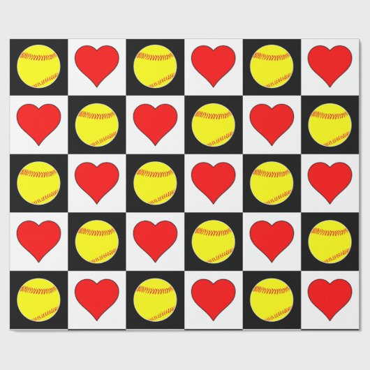Softball & Hearts Cute Checker Pattern Fastpitch Cadeaupapier (Vlak)