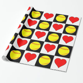 Softball & Hearts Cute Checker Pattern Fastpitch Cadeaupapier