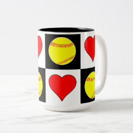 Softball & Hearts Pattern Cute Fastpitch Softball Tweekleurige Koffiemok