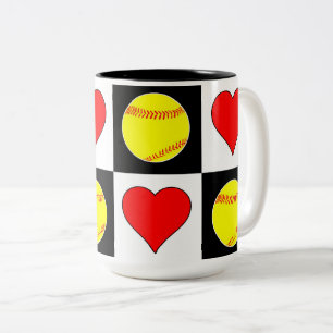 Softball & Hearts Pattern Cute Fastpitch Softball Tweekleurige Koffiemok