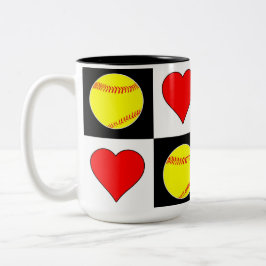 Softball & Hearts Pattern Cute Fastpitch Softball Tweekleurige Koffiemok