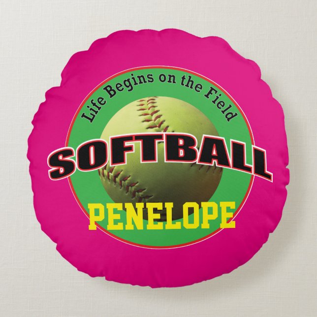 Softball Life on Pink and Green met Text Rond Kussen (Voorkant)