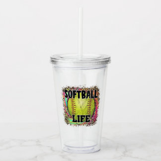 Softball Life Tie Dye Leopard Print Yellow Ball Acryl Drinkbeker