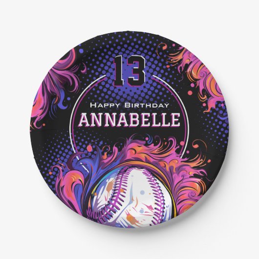 Softball Meisjes Verjaardagsfeest Papieren Bordje (Voorkant)