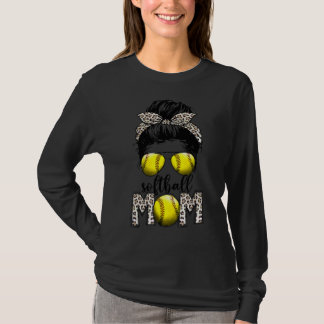 Softball Moeder Leven Leopard Messy Bun Game Dag M T-shirt