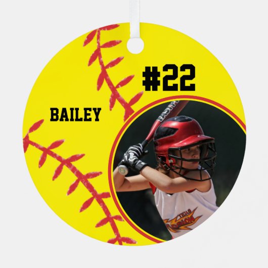 Softball Naam Jersey Nummer Foto Keepsake Metalen Ornament (Achterkant)