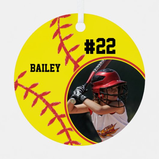 Softball Naam Jersey Nummer Foto Keepsake Metalen Ornament (Voorkant)