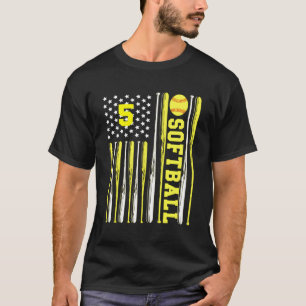 Softball Nummer 5 Vijf Amerikaanse vlaggele vleerm T-shirt