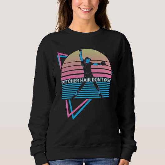 Softball Pitcher Retro Pitcher Hair Don't Care Trui (Voorkant)