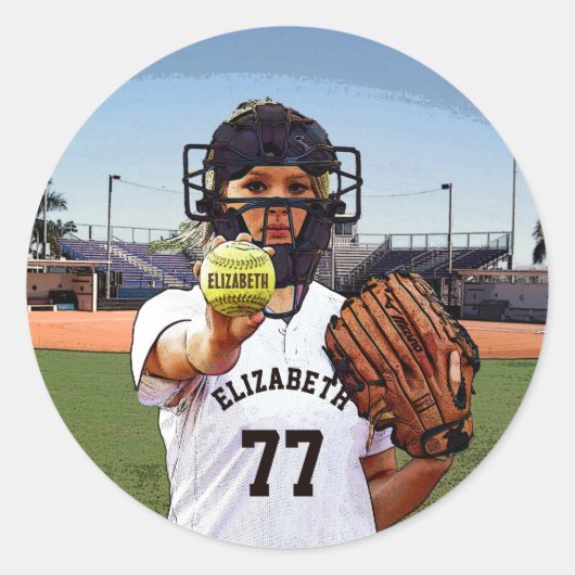 Softball Player Catcher met Jouw naam en nummer Ronde Sticker (Voorkant)