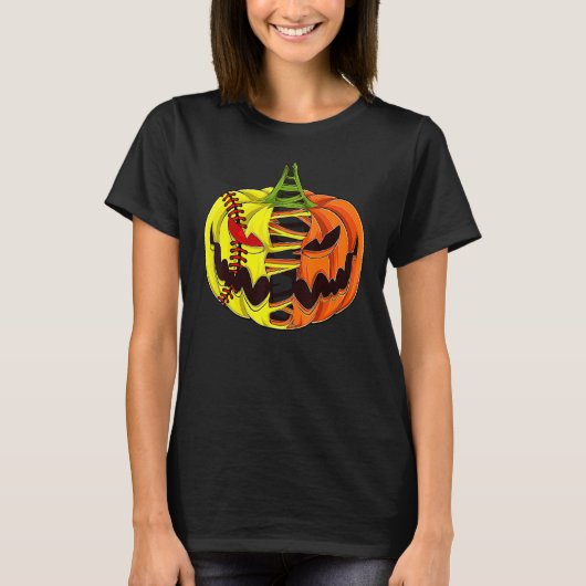 Softball Player Halloween Pumpkin Mannen Boys Girl T-shirt (Voorkant)