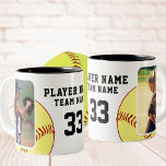 Softball Player Name Number Team 2 Foto's Tweekleurige Koffiemok<br><div class="desc">De Mok van de Koffie van het Aantal van het Aantal van de Naam van de Speler van de software 2 Foto's Coffee. Een perfect cadeau voor de softball player in je leven - een gepersonaliseerde muil die hun liefde voor het spel laat zien! Deze mok bevat twee foto's van...</div>