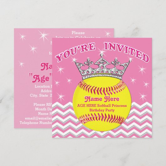 Softball Princess Softball Birthday-uitnodigingen Kaart (Voorkant / Achterkant)