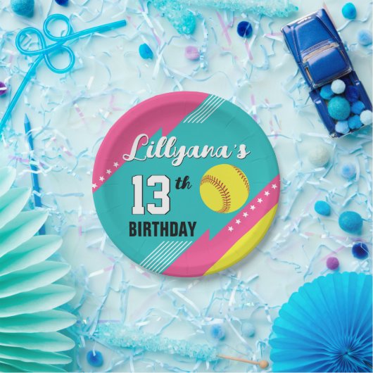Softball roze Blauwgroen geel verjaardagsfeestje,  Papieren Bordje (Feest)